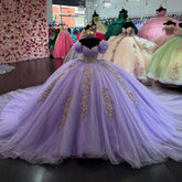 Lavender Glitter Tulle Quinceanera Dress Off-Shoulder Sleeveless Ball Gown with Beaded Flower Appliques for Sweet 16 & Birthday Parties